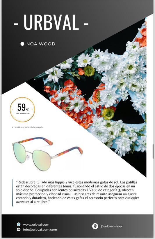 Gafas de sol estilo años setenta, con patillas de madera tintadas en diferentes colores.