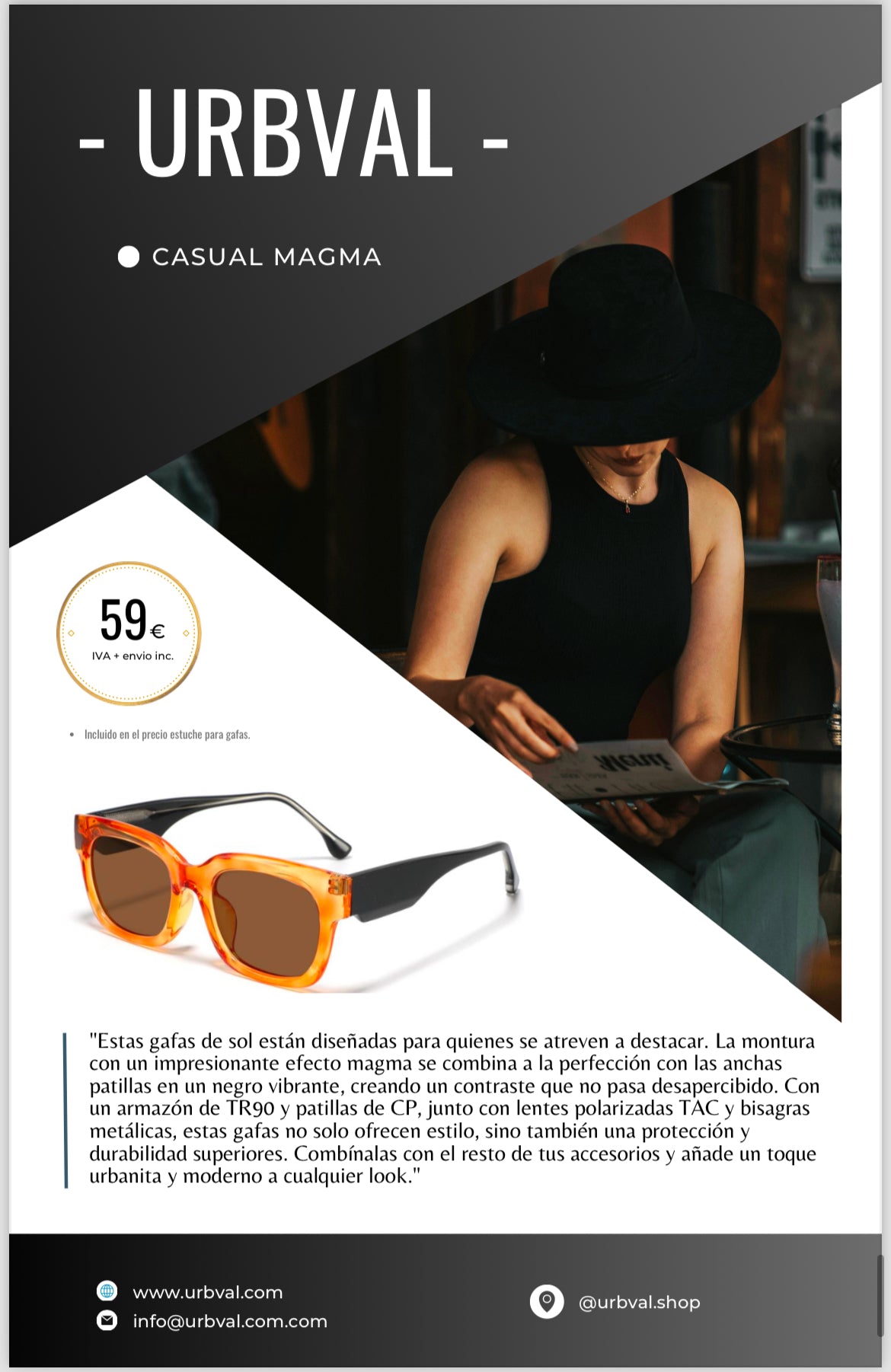 Gafas de sol modernas con montura en efecto magma y anchas patillas de color negro brillo.