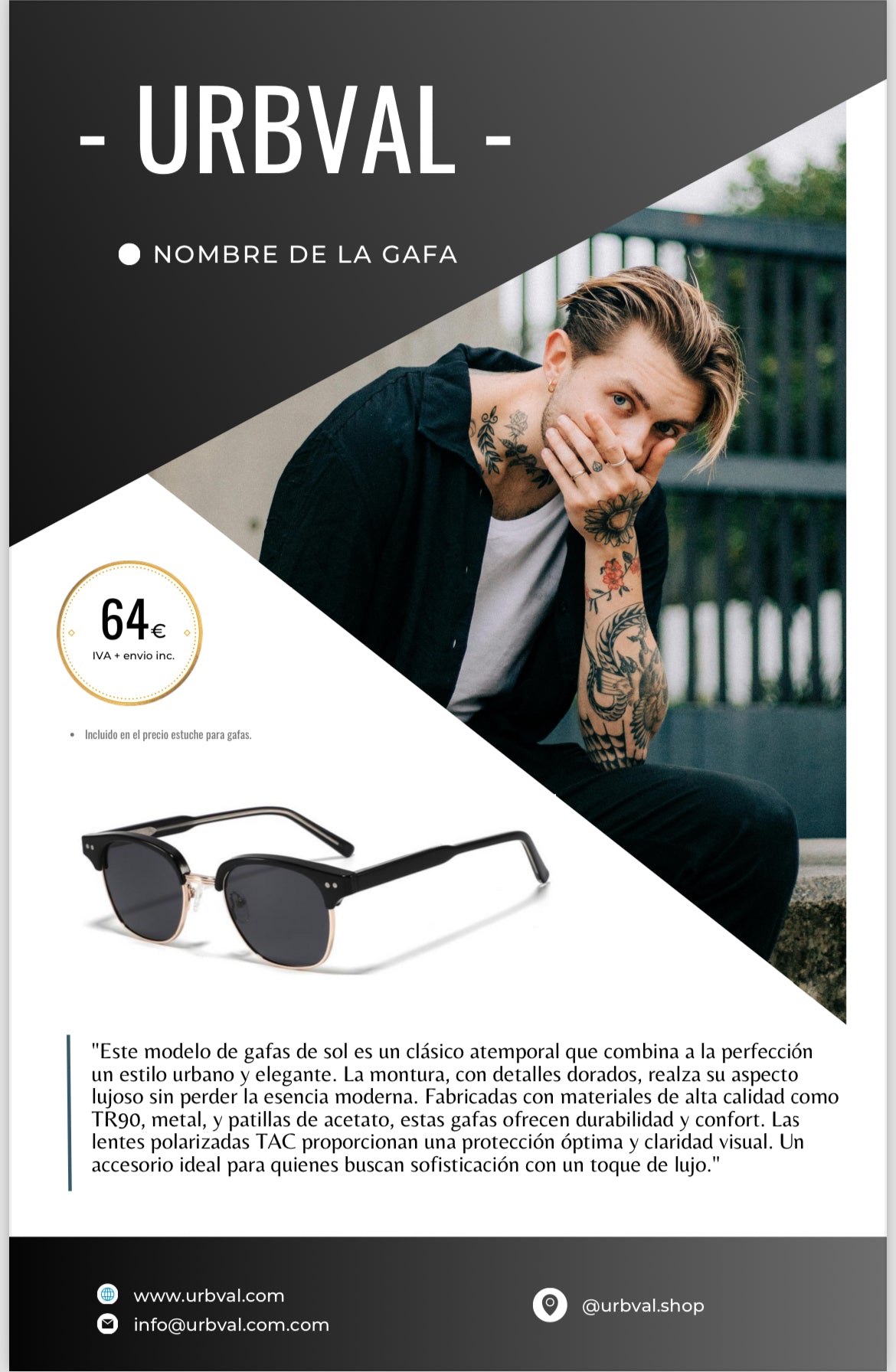 Gafas de sol estilo contemporaneo, la montura tiene detalles en metal dorado . Patillas de color negro