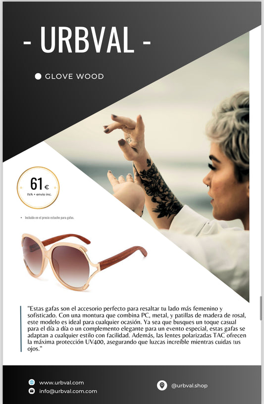 Gafas de sol con diseño exclusivo en la montura y patillas de bamboo. Las lentes tienen un sutil degradado en color marron oscuro.