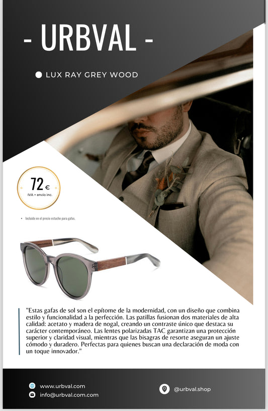 Gafas de sol exclusivas que combinan diferentes meteriales. Las monturas son de color gris y las patillas combinan el mismo material de la montura y la madera.