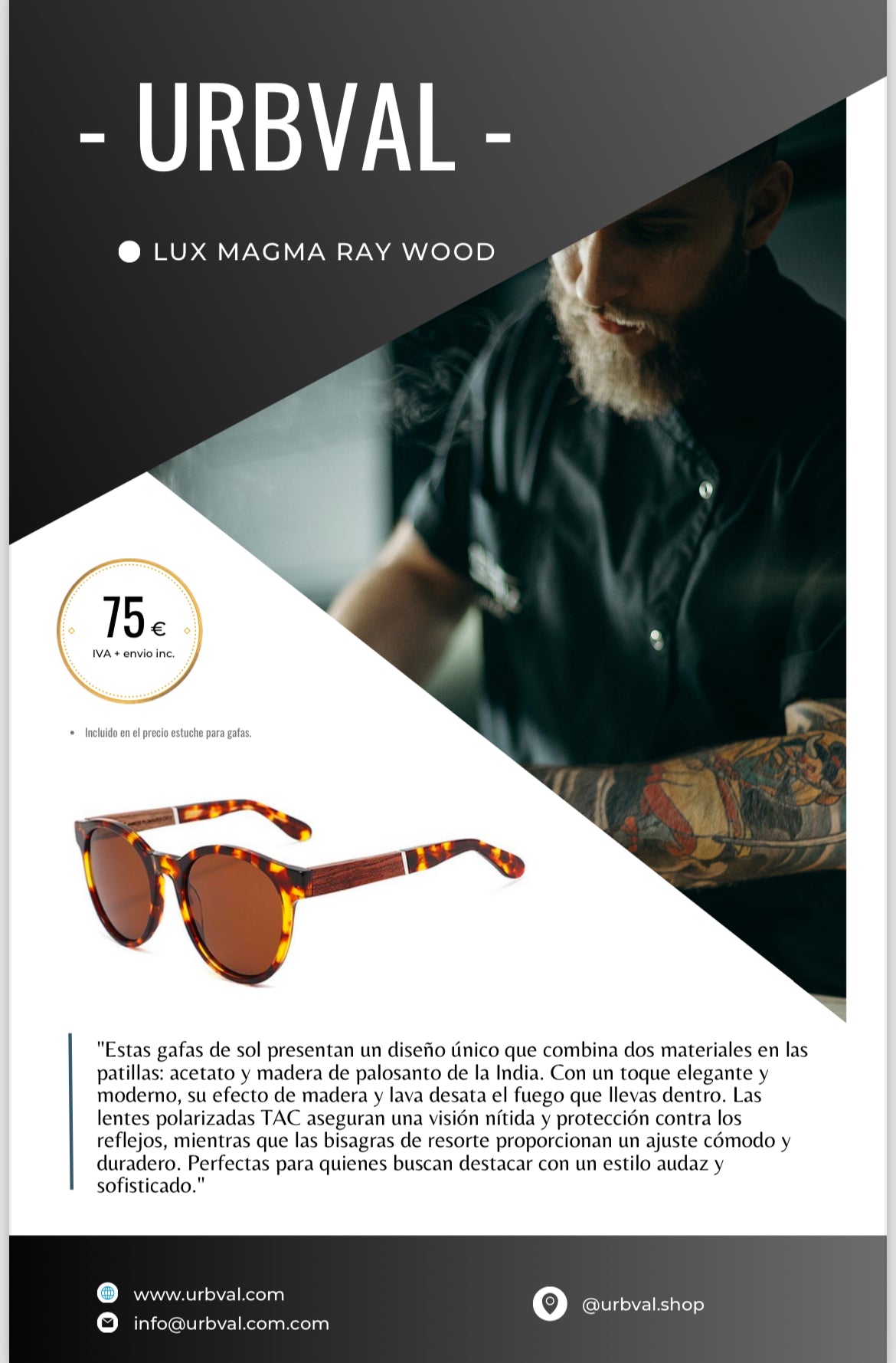 Gafas de sol modernas que combina diferentes materiales. Monturas con efecto magma y patillas que combinan el material de la montura y la madera de bamboo con tinte oscuro.