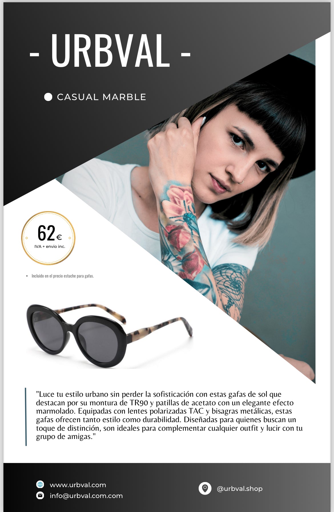 Gafas de sol con montura negra y patillas con efecto marmol