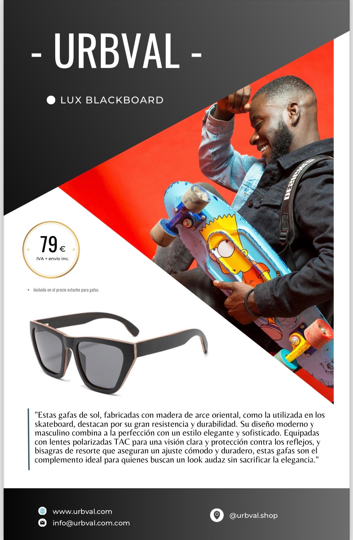 Gafas de sol fabricadas en madera de monopatin de color negro