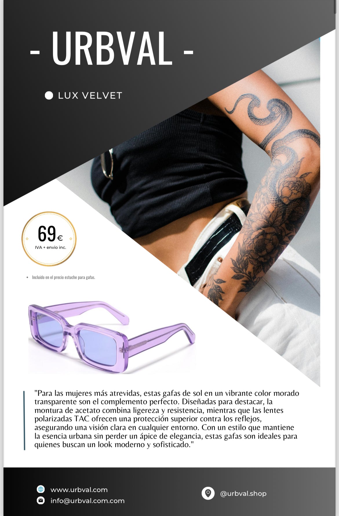 Gafas de sol de estilo moderno con un sutil tono morado en montura y patillas. Las lentes son de color morado.