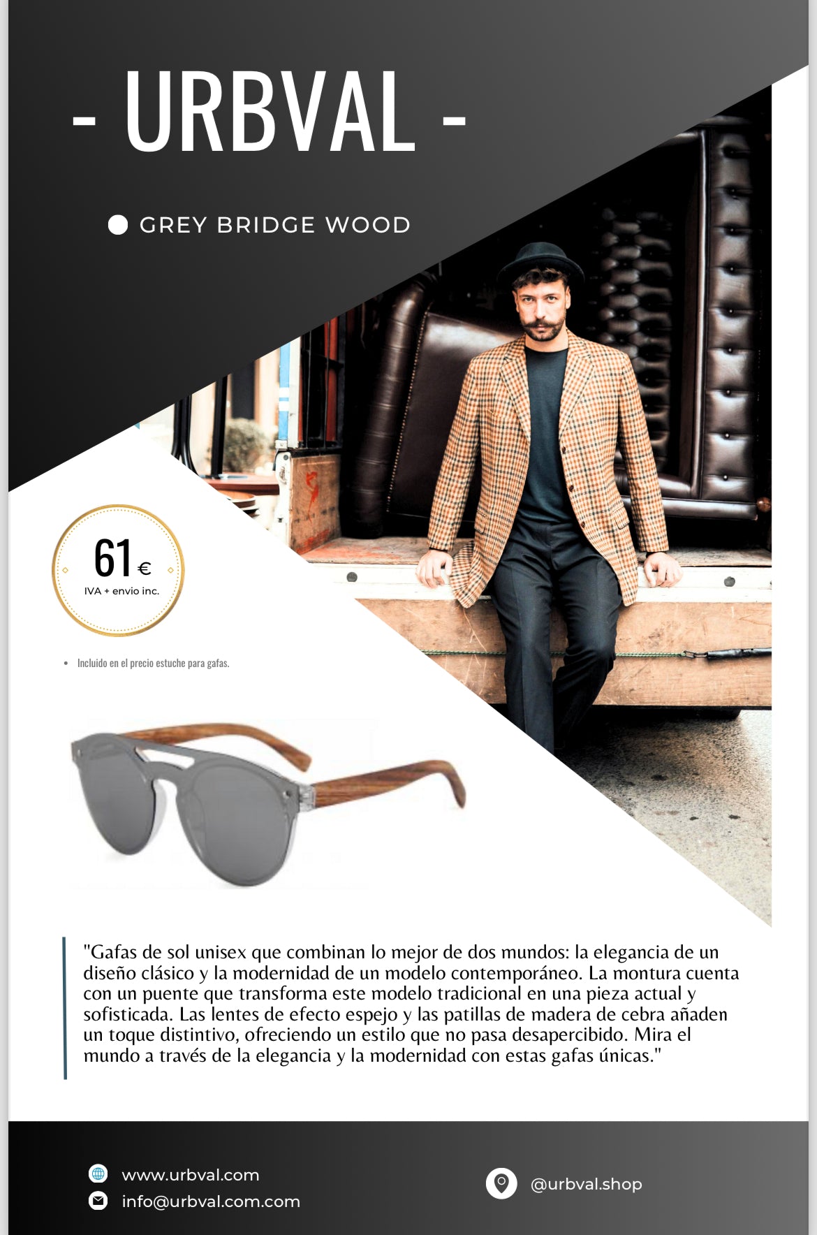 Gafas de sol con lente efecto espejo metal. La montura tiene doble puente con aspecto moderno y las patillas estan fabricadas en bamboo.