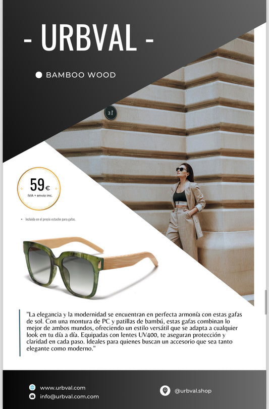 Gafas de sol modernas cpn montura en efecto verde bamboo, y patillas de bamboo. Las lentes tienen un sutil tono verde degradado.