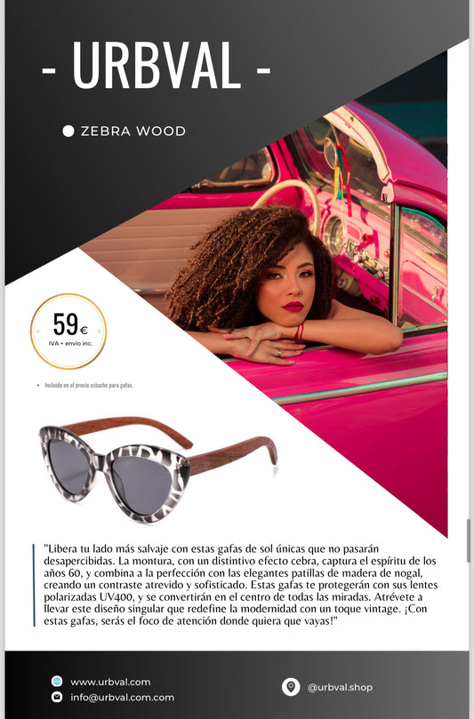 Gafas de sol de diseño con montura efecto cebra y patillas de bamboo tono madera oscuro